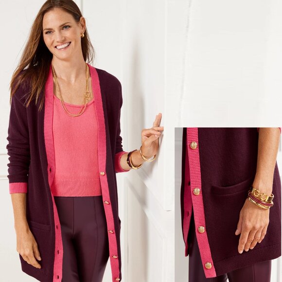 New Talbots V-Neck Tipped Cotton Burgundy Cardigan Size L - Picture 2 of 8